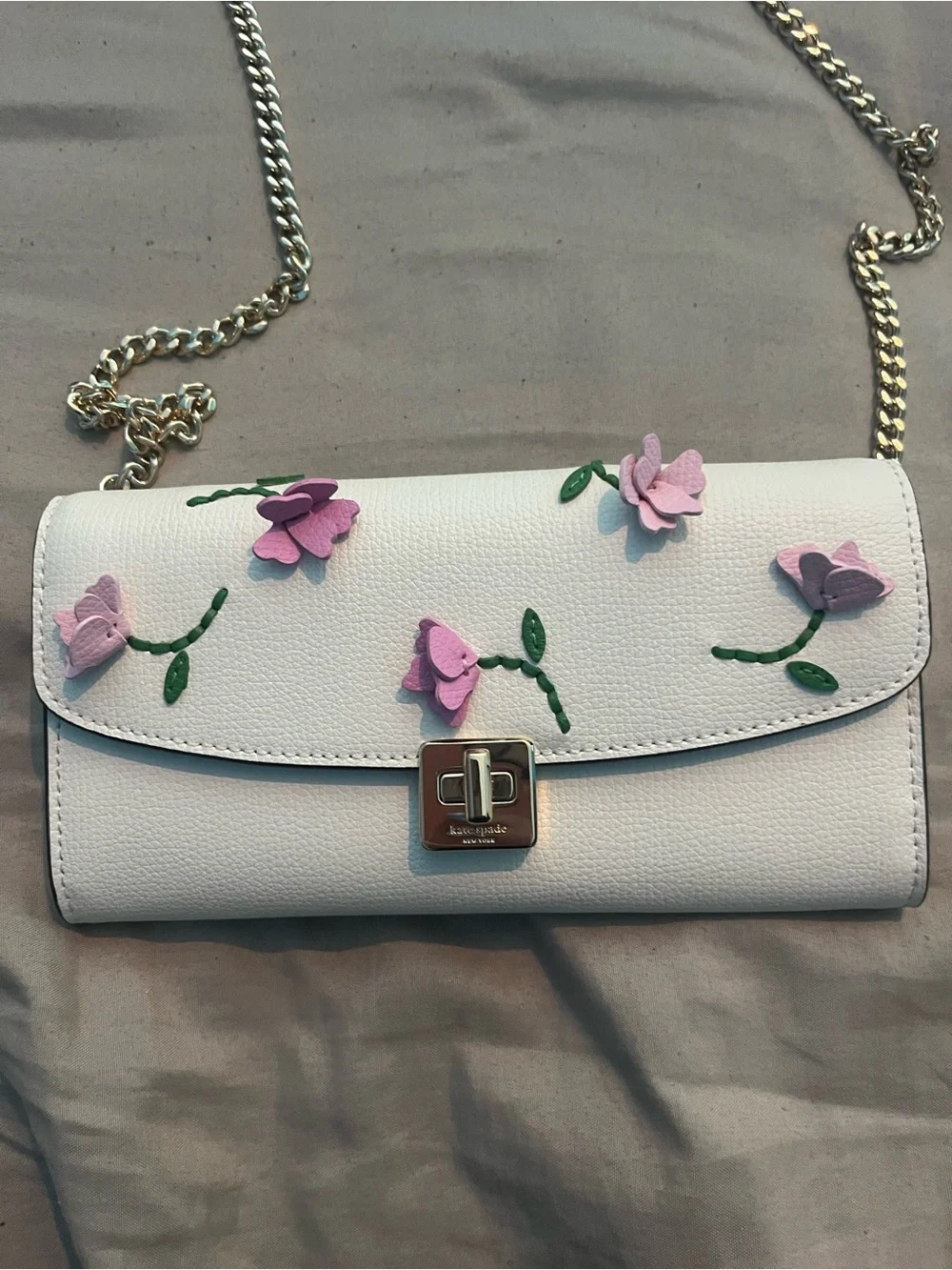 kate spade White Floral Appliqué Crossbody with Gold Chain